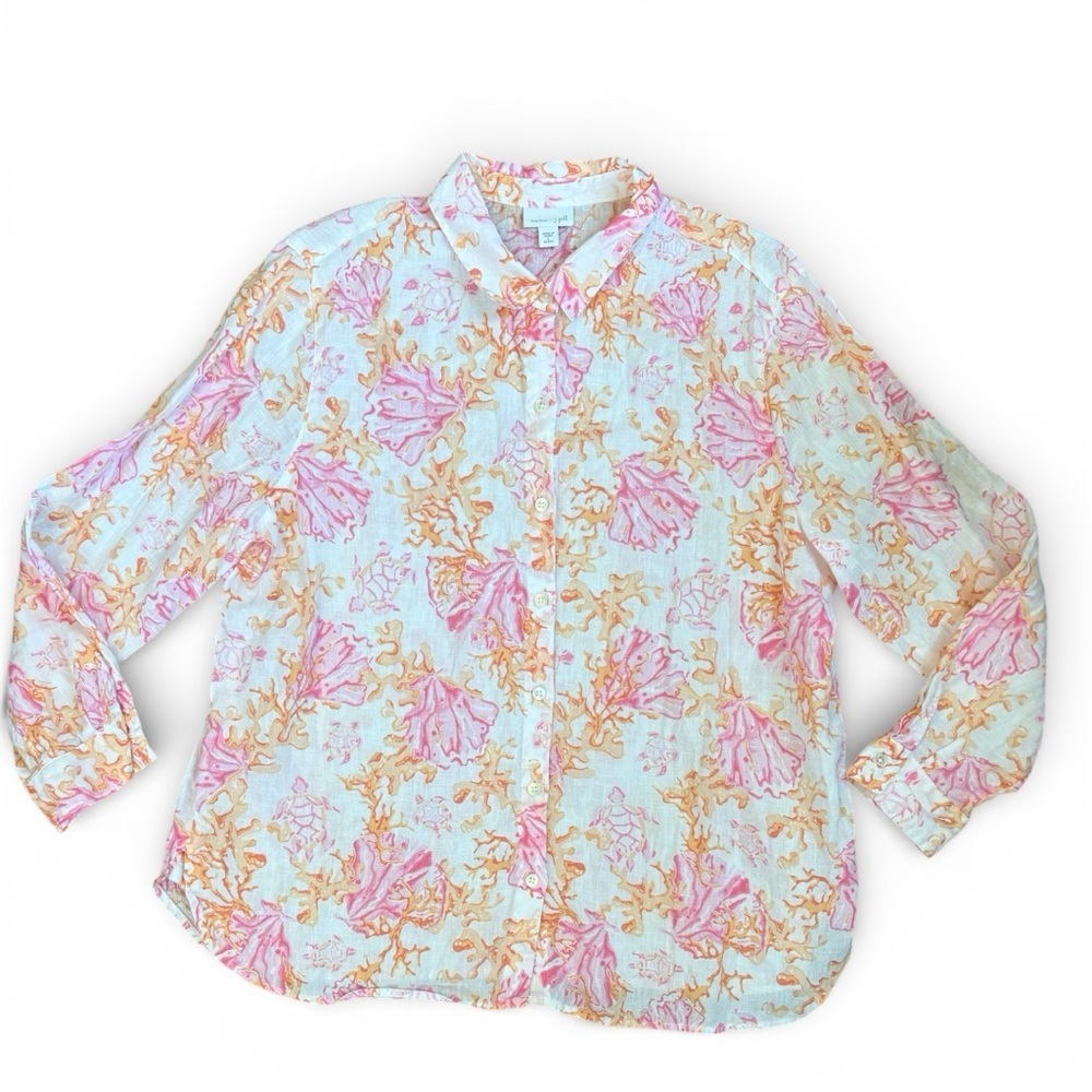 J. Jill Love Linen Blouse – Pink & Orange coral reef turtle print, PL